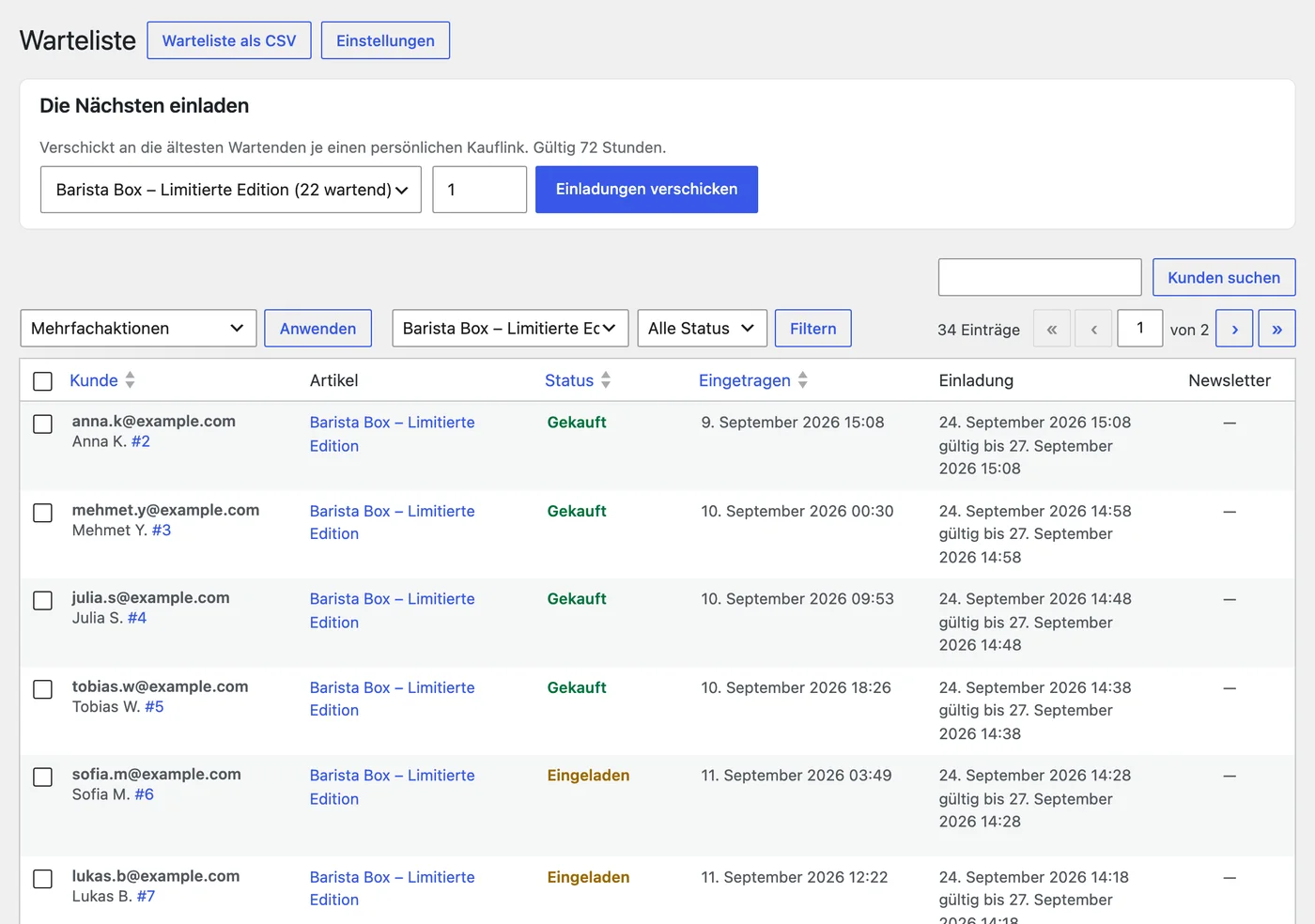 Backend-Übersicht der Warteliste mit Sammel-Einladung und Einträgen mit Status gekauft, eingeladen, abgelaufen, wartet