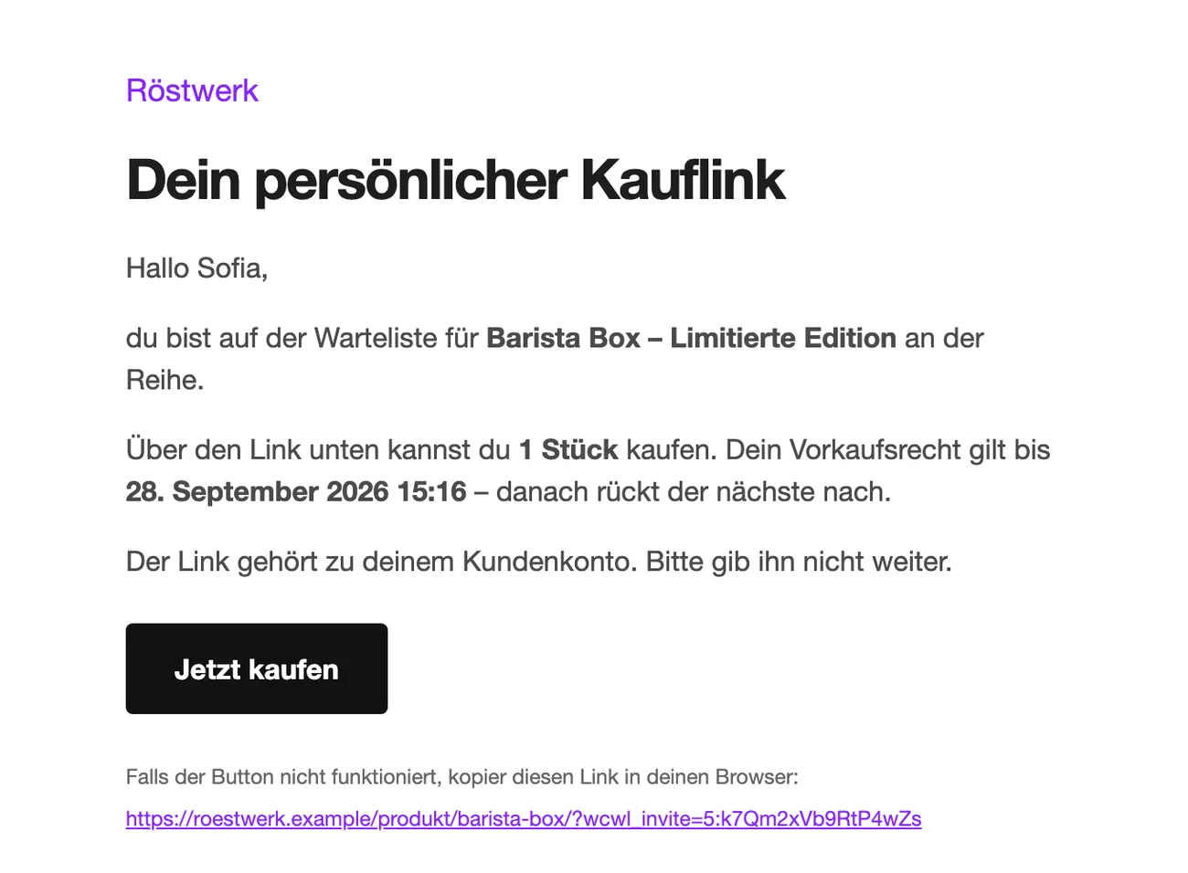 Einladungsmail mit Frist und Knopf Jetzt kaufen