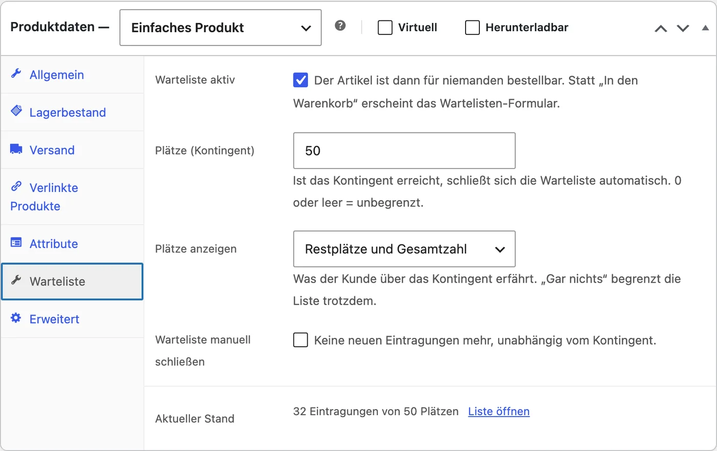 Reiter Warteliste im Produkteditor mit Kontingent 50 und Anzeige der Restplätze
