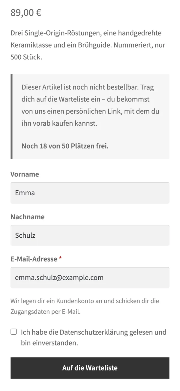 Produktseite mit Wartelisten-Formular auf dem Handy