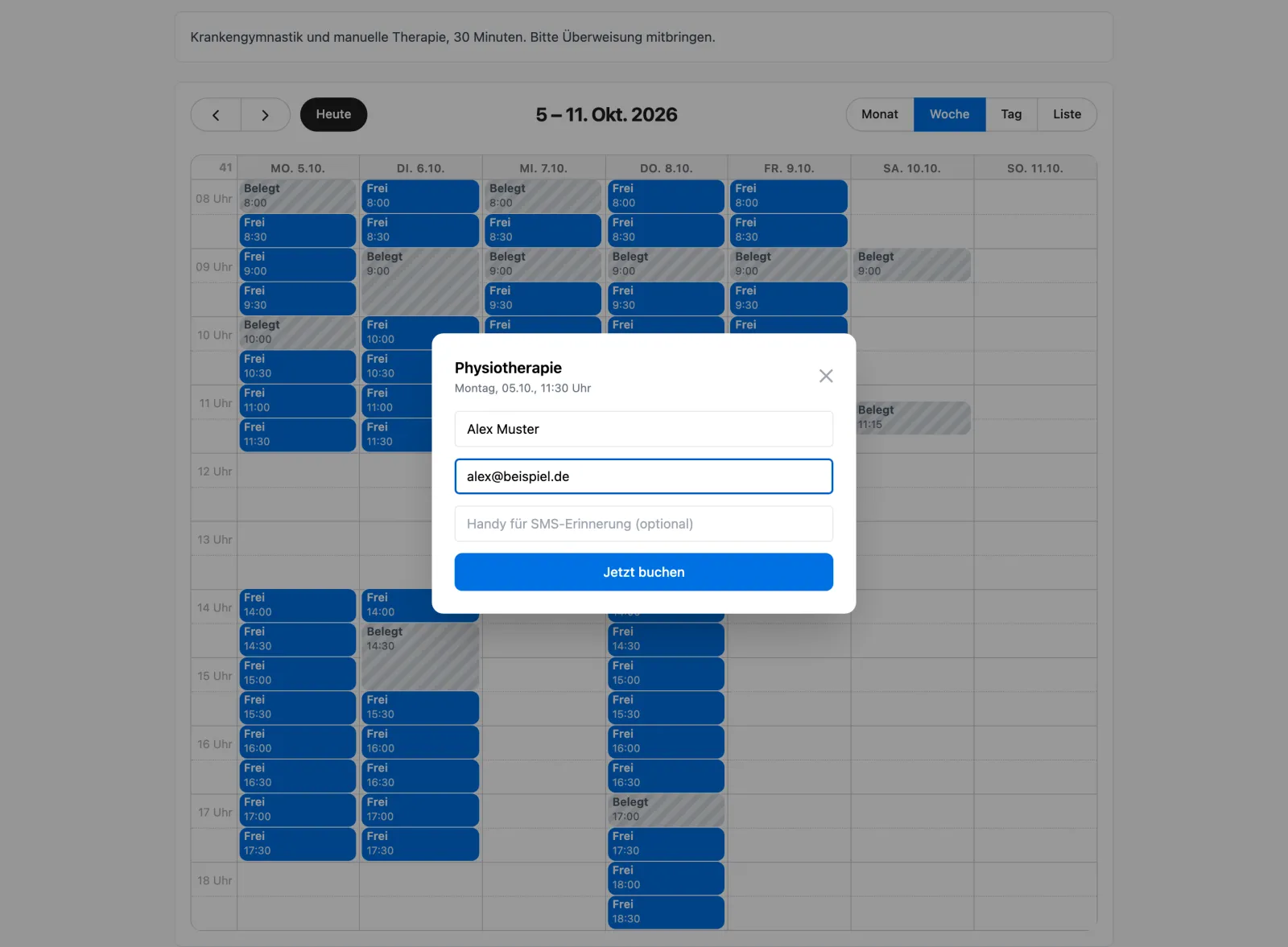 Buchungsfenster für Physiotherapie am Montag 11:30 Uhr mit Name, E-Mail und Handynummer