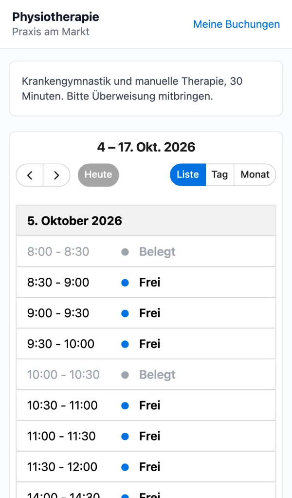 Handyansicht mit einer Liste freier und belegter Termine