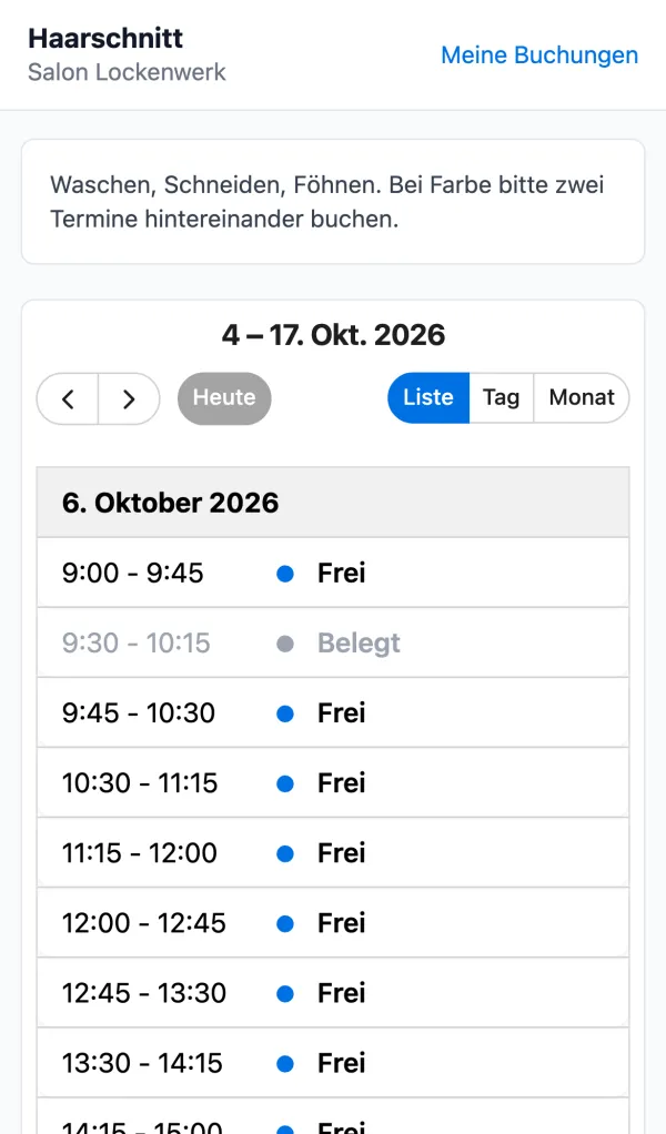 Handyansicht mit den nächsten freien Terminen eines Friseursalons